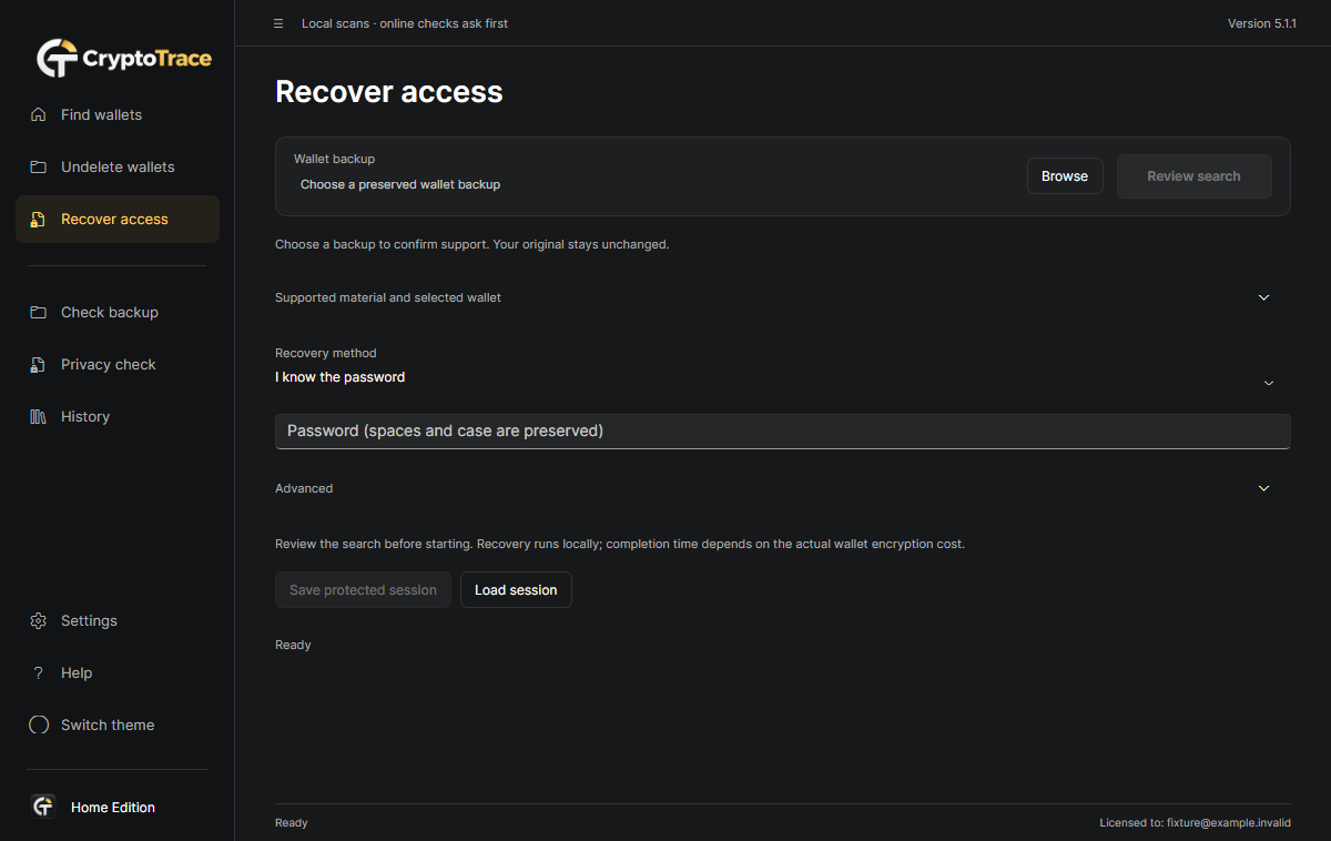 CryptoTrace Recover access: wallet backup, recovery method and protected sessions