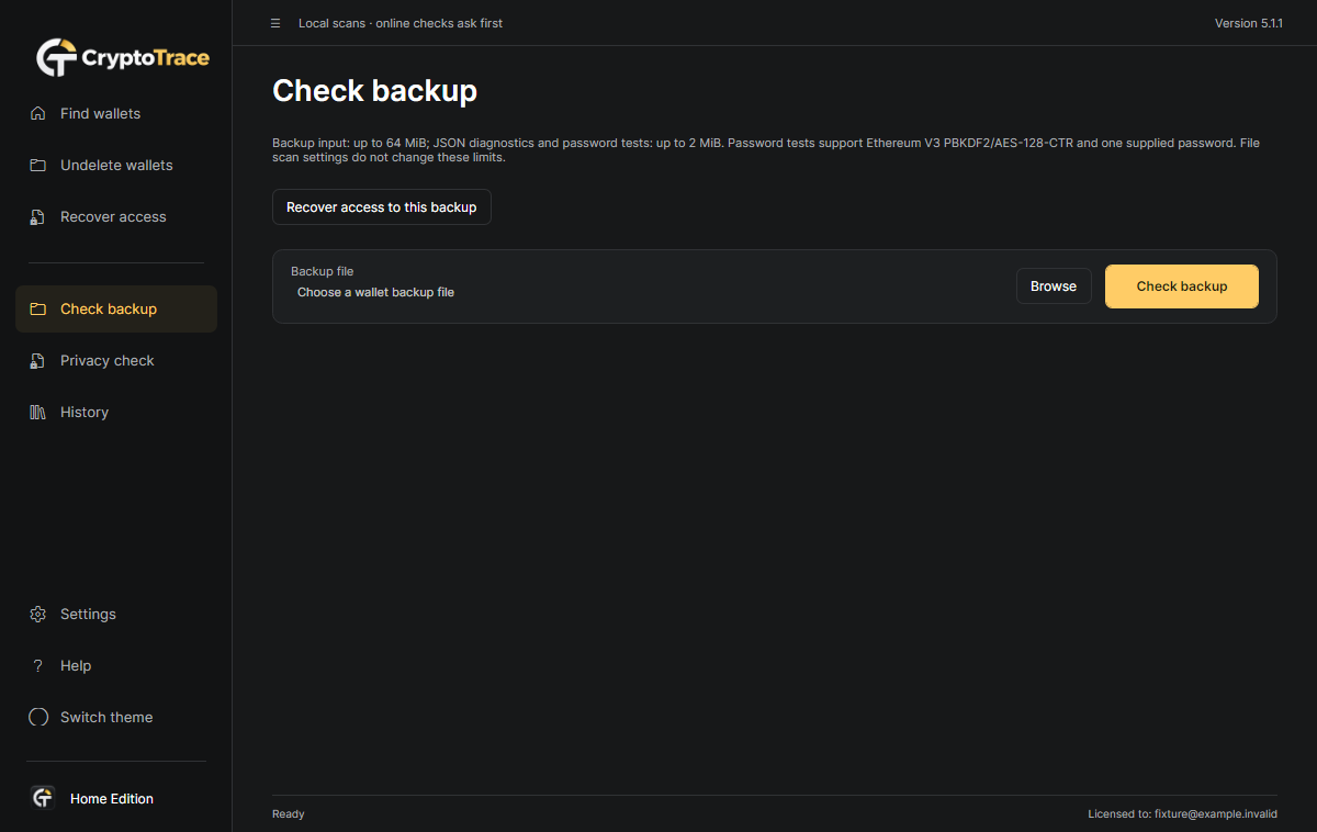 CryptoTrace Check backup: read-only backup inspection controls