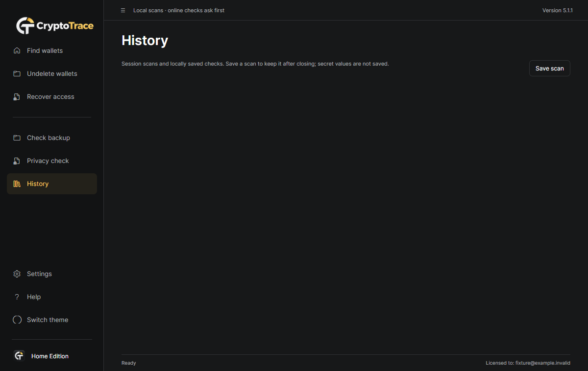 CryptoTrace History: session scans and locally saved checks