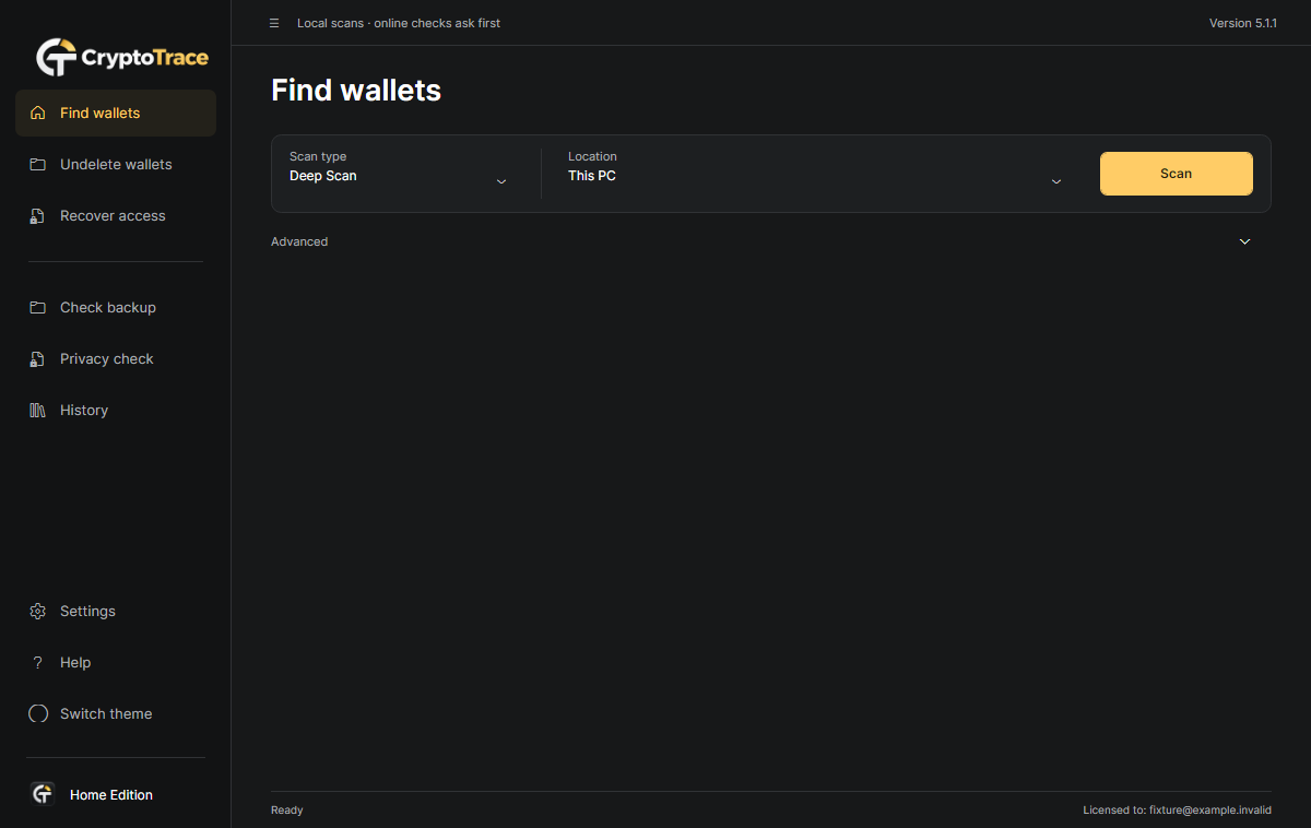 CryptoTrace Find wallets: scan type, source selection, Advanced and the Scan button