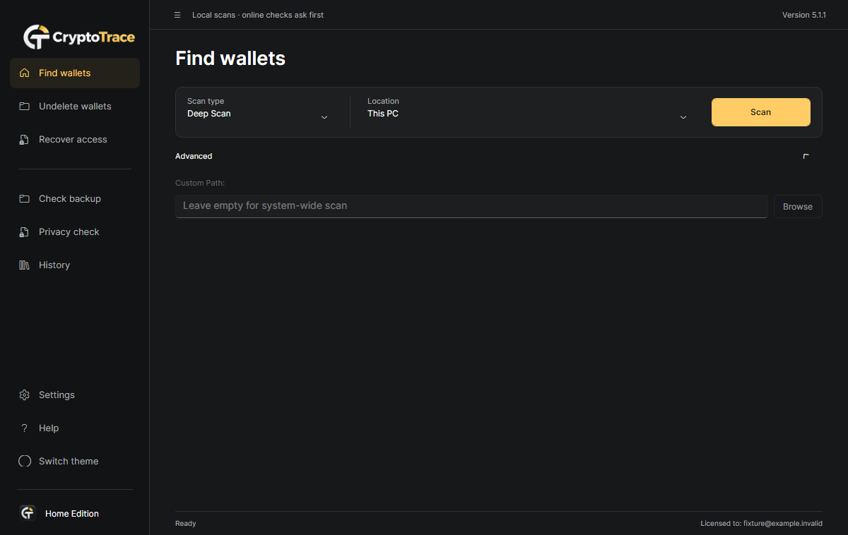 CryptoTrace Find wallets with Advanced open for a custom drive or folder