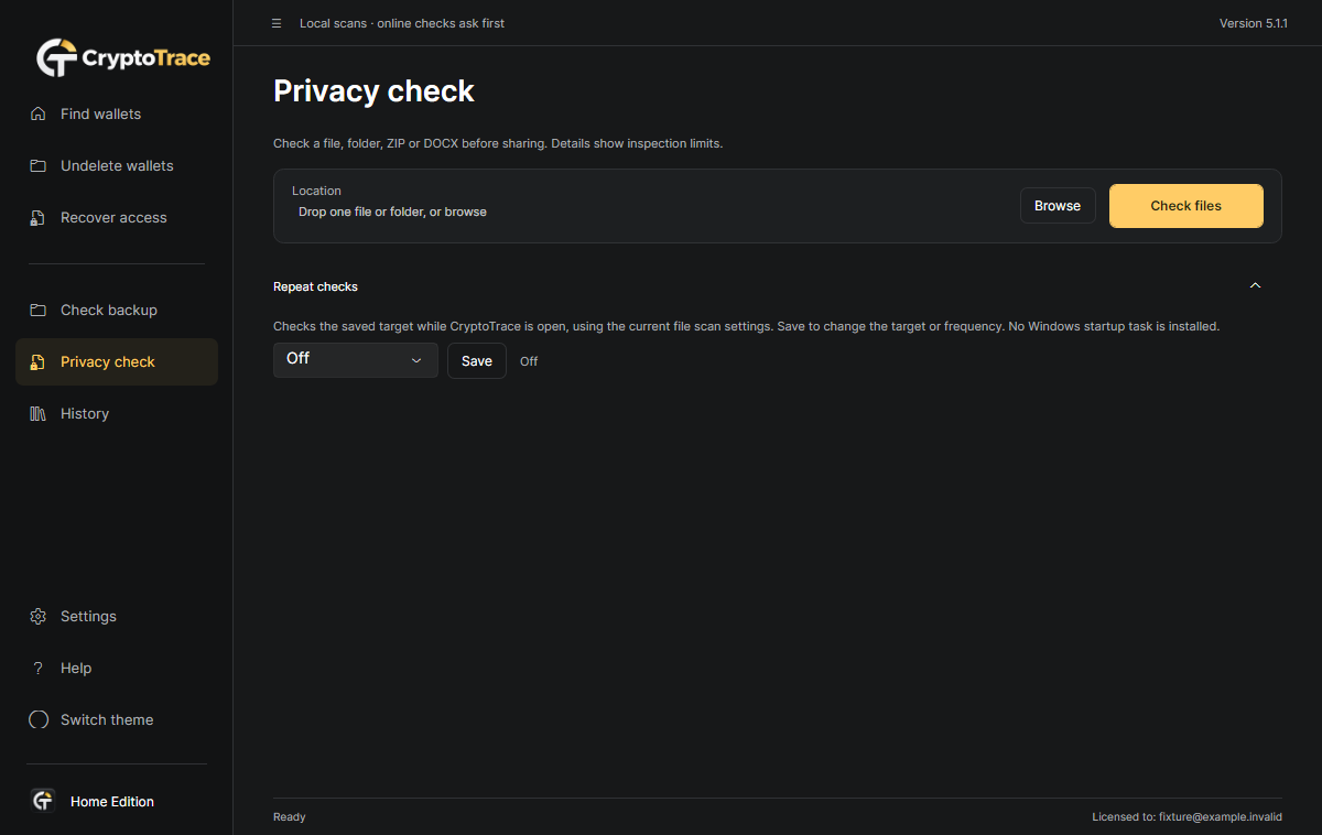 CryptoTrace Privacy check: local file and folder inspection controls