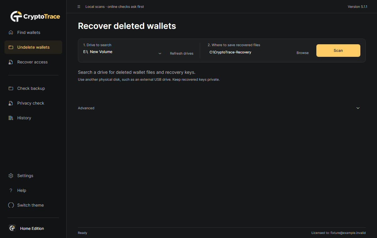 CryptoTrace Deleted wallets: physical drive selection and a separate output disk