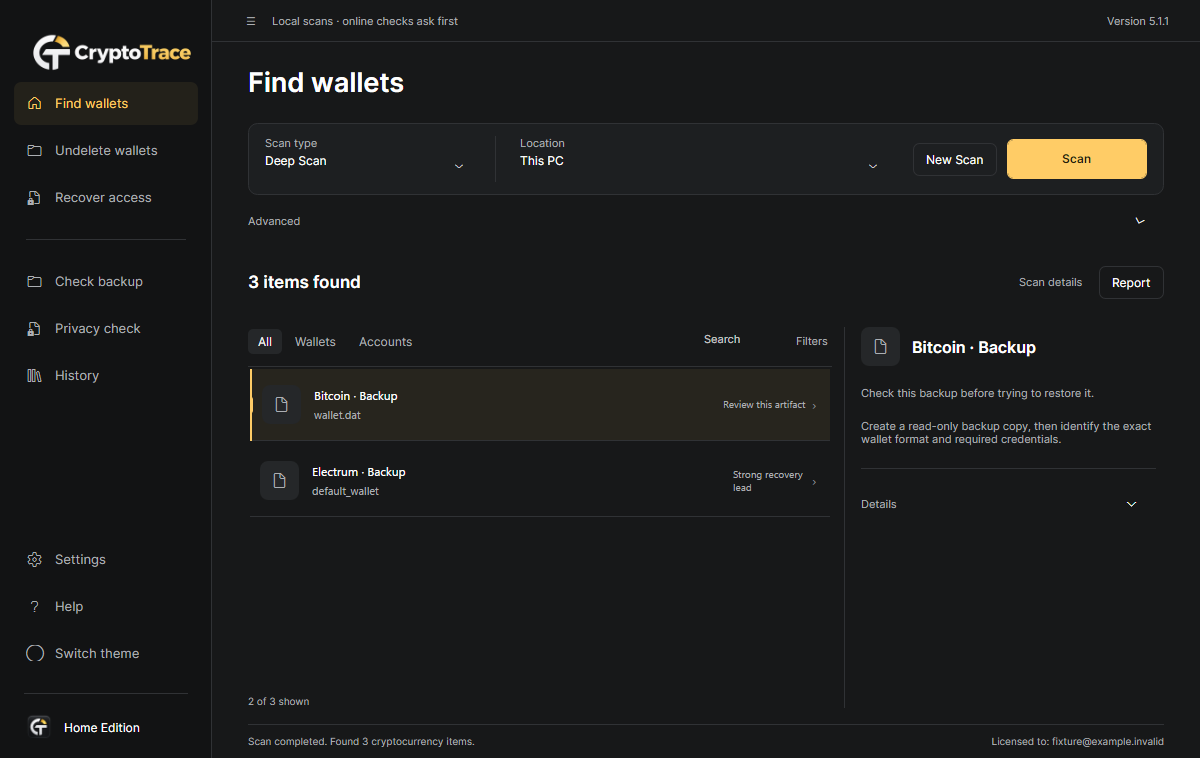 Illustrative CryptoTrace wallet results with confidence, next steps and report controls